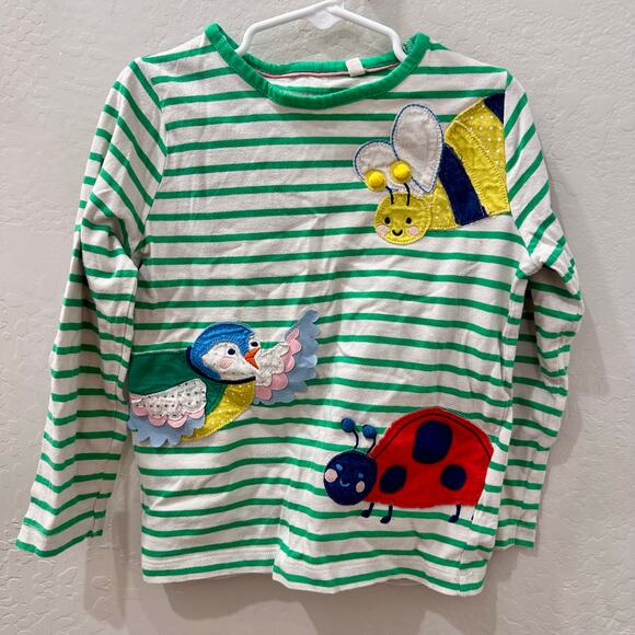 Mini Boden Appliqué Bird Bee Ladybug Green Stripe Long Sleeve Shirt - Picture 1 of 7